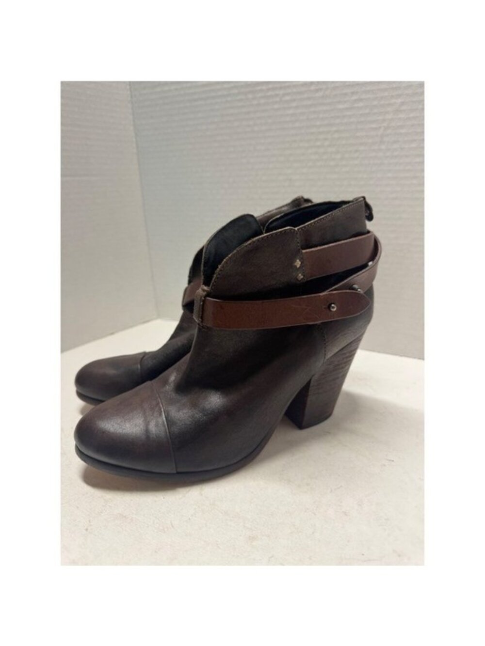 Rag & Bone Harrow Dark Brown Leather Wrap Strap Block Heel Ankle Boots Size 39 9